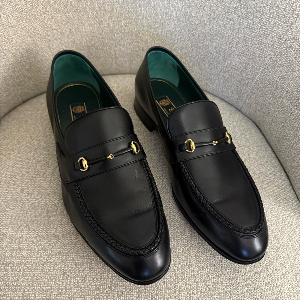 Gucci Black Leather Loafers with Gold Accents